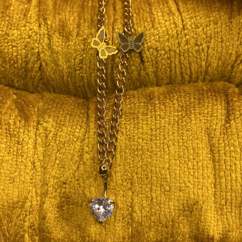 Rhinestone Butterfly Heart Decor Waist Chain Naval Belly Ring - 36” inches